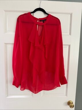 BCBGMaxAzria Red Ruffle Front Sheer Blouse